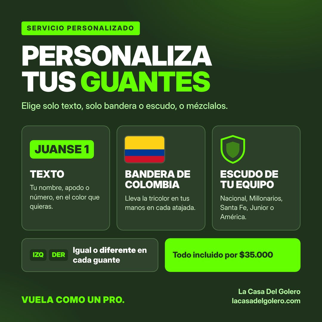 Cómo personalizar tus guantes de arquero: texto, bandera de Colombia o escudo, todo por $35.000