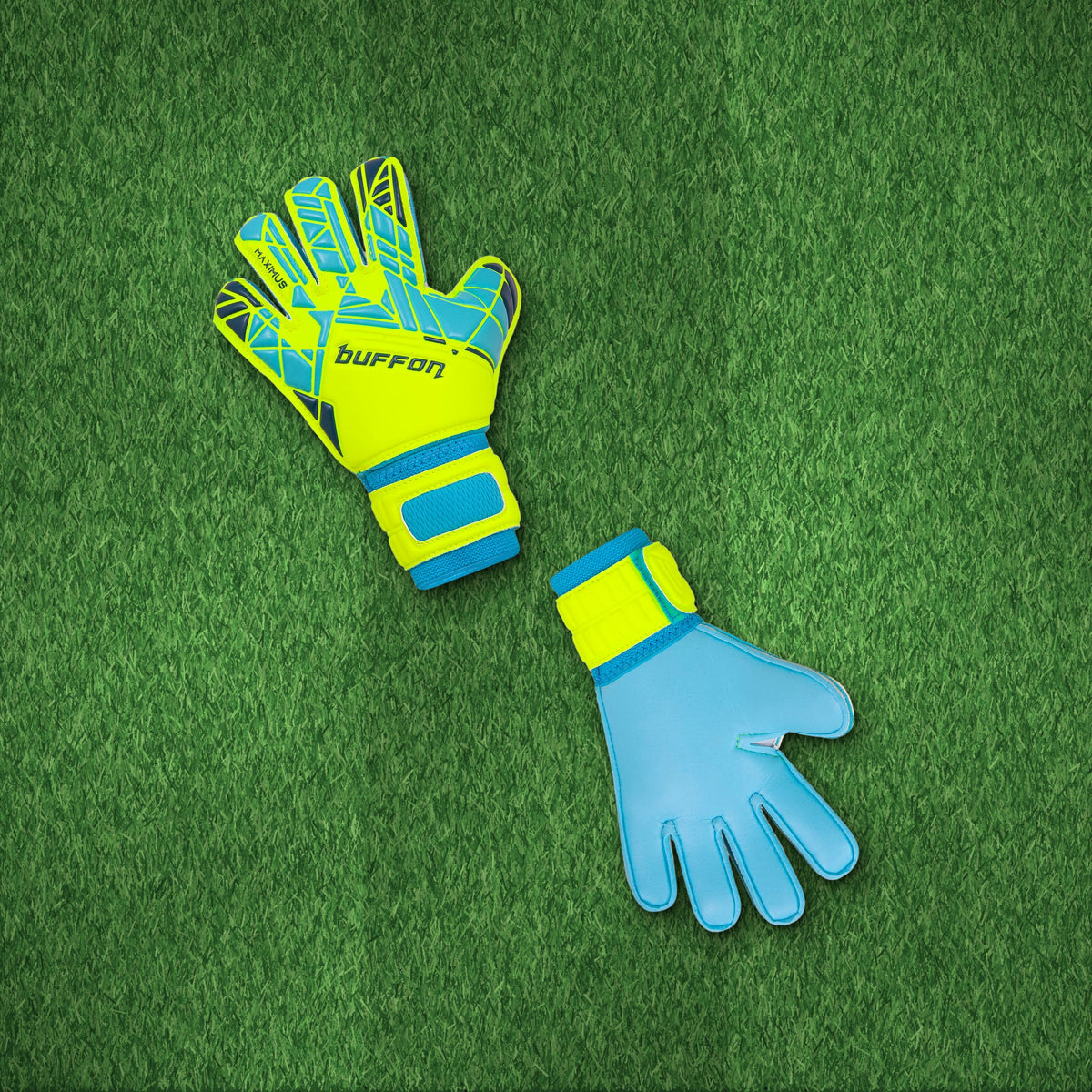 Guantes de arquero Buffon Maximus Amarillo Azul Menta – foto de ambiente