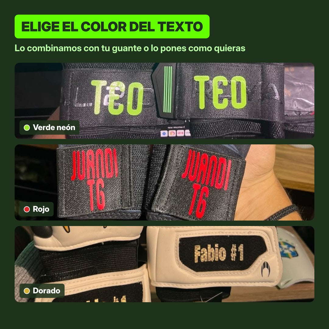 Colores de texto para personalizar guantes de arquero: verde limón, rojo y dorado
