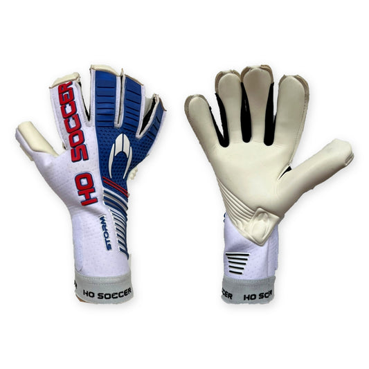 Guantes de arquero HO Soccer Storm White Blue Blanco Azul Rojo – par: dorso y palma