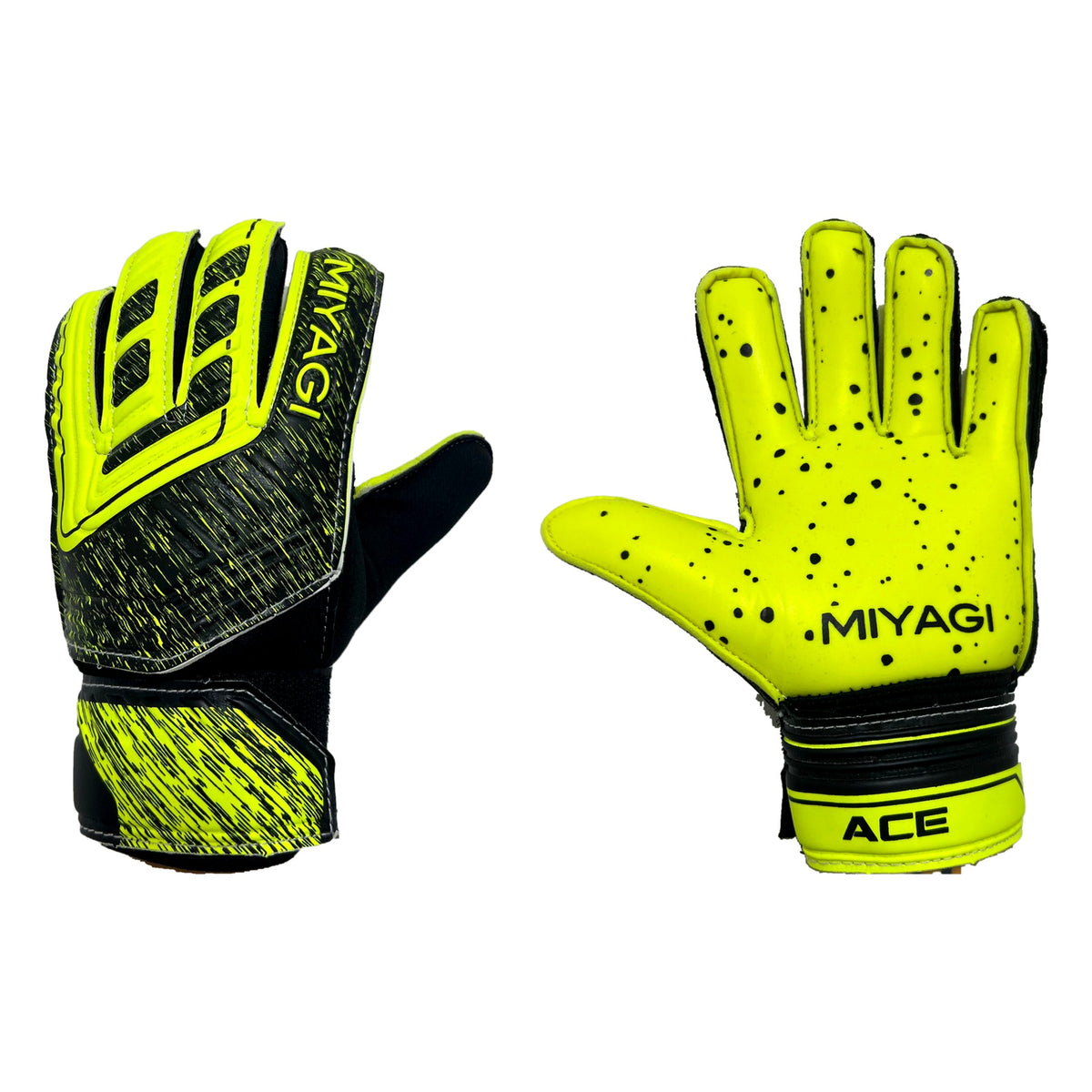 Guantes de arquero Miyagi Ace Niños Amarillo – par: dorso y palma