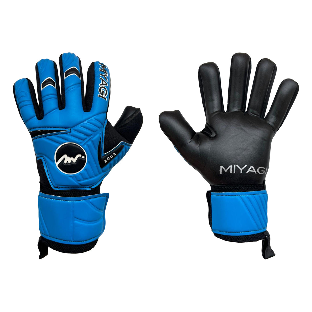 Guantes de arquero Miyagi Aqua Azul – par: dorso y palma