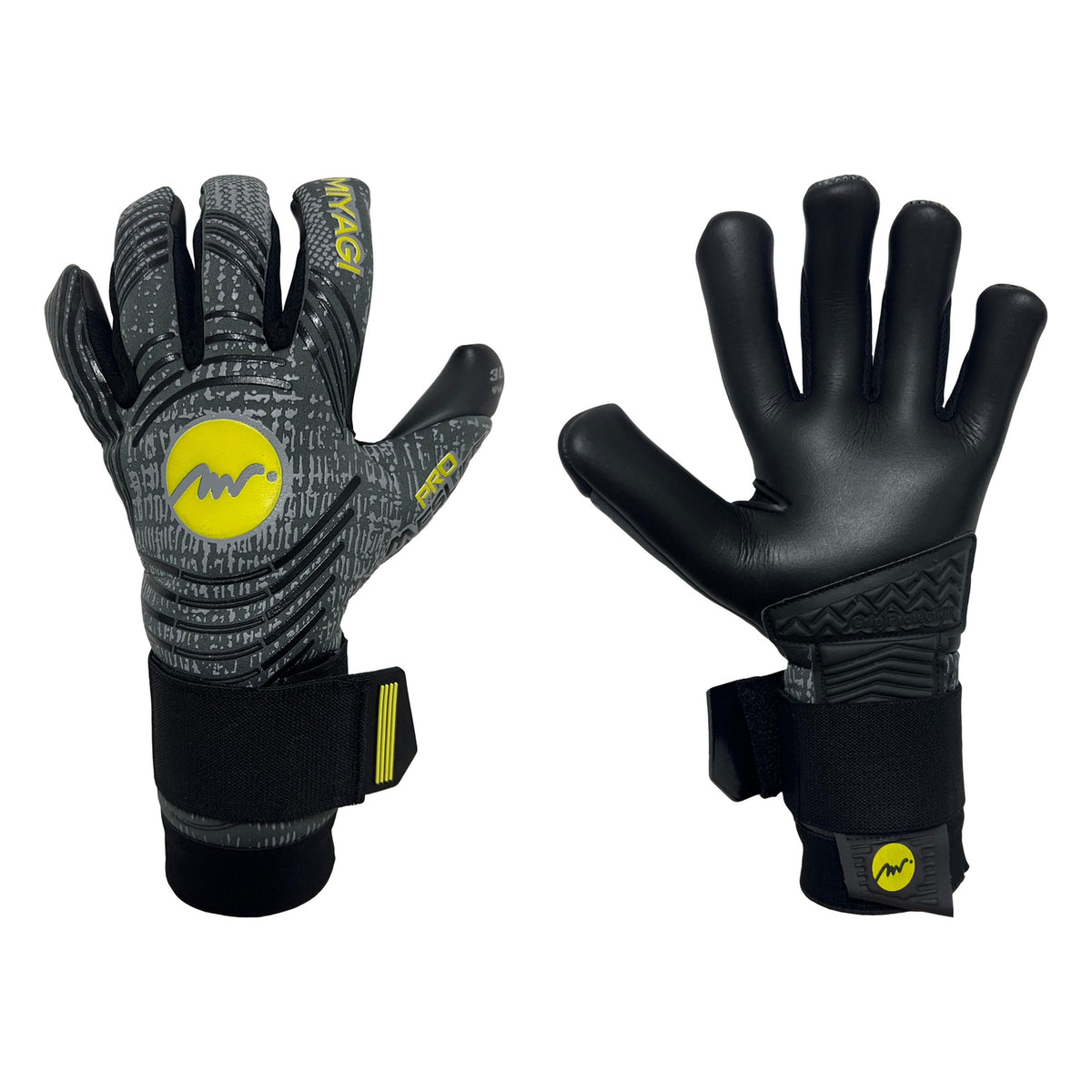 Guantes de arquero Miyagi Pro Meslier Gris Amarillo Palma Negra – par: dorso y palma