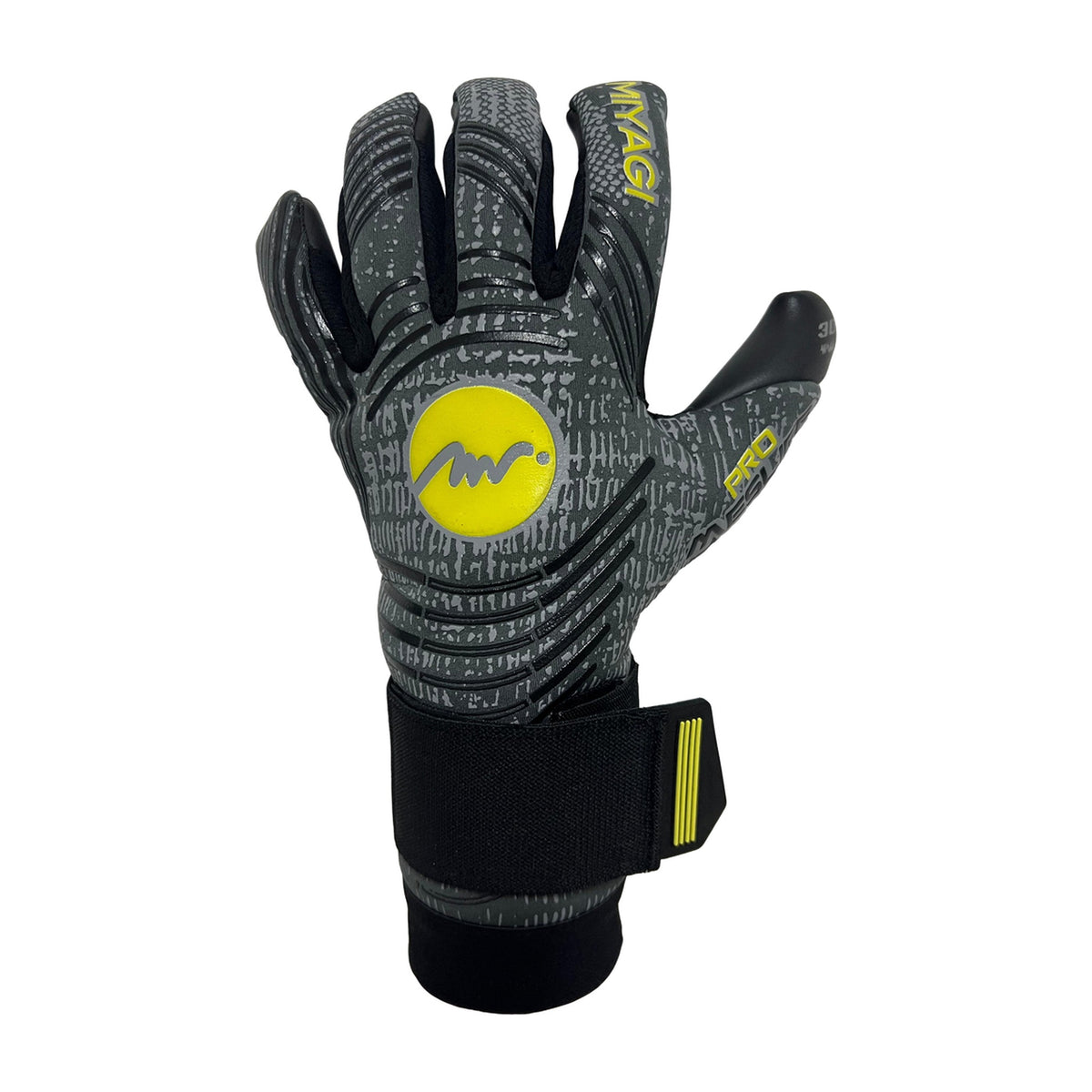 Guantes de arquero Miyagi Pro Meslier Gris Amarillo Palma Negra – dorso