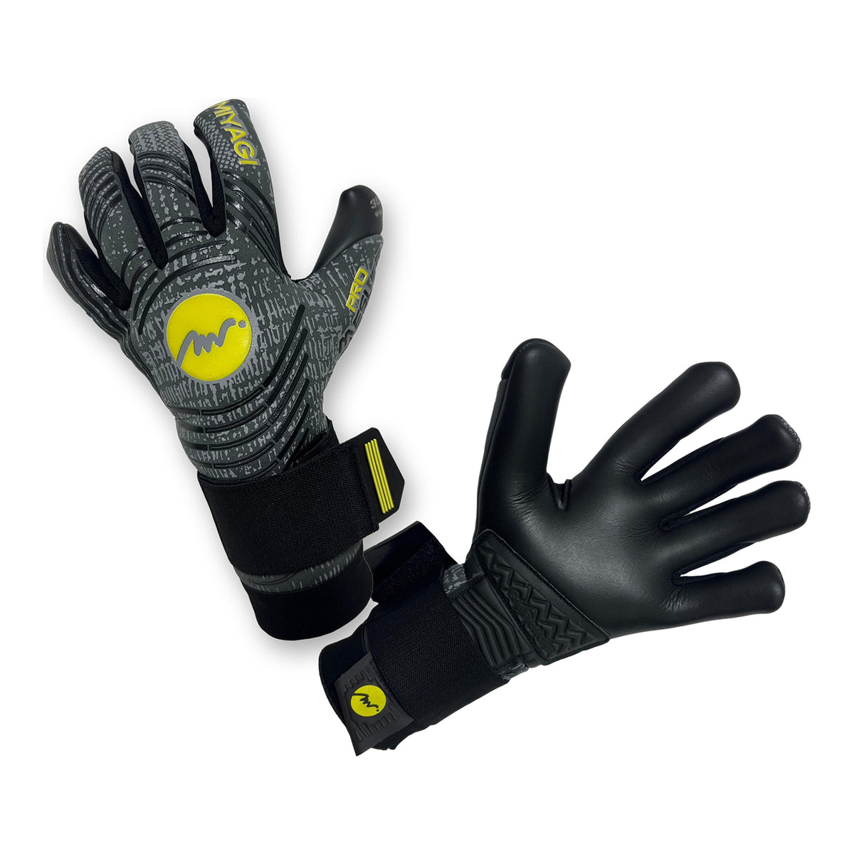 Guantes de arquero Miyagi Pro Meslier Gris Amarillo Palma Negra – los dos guantes