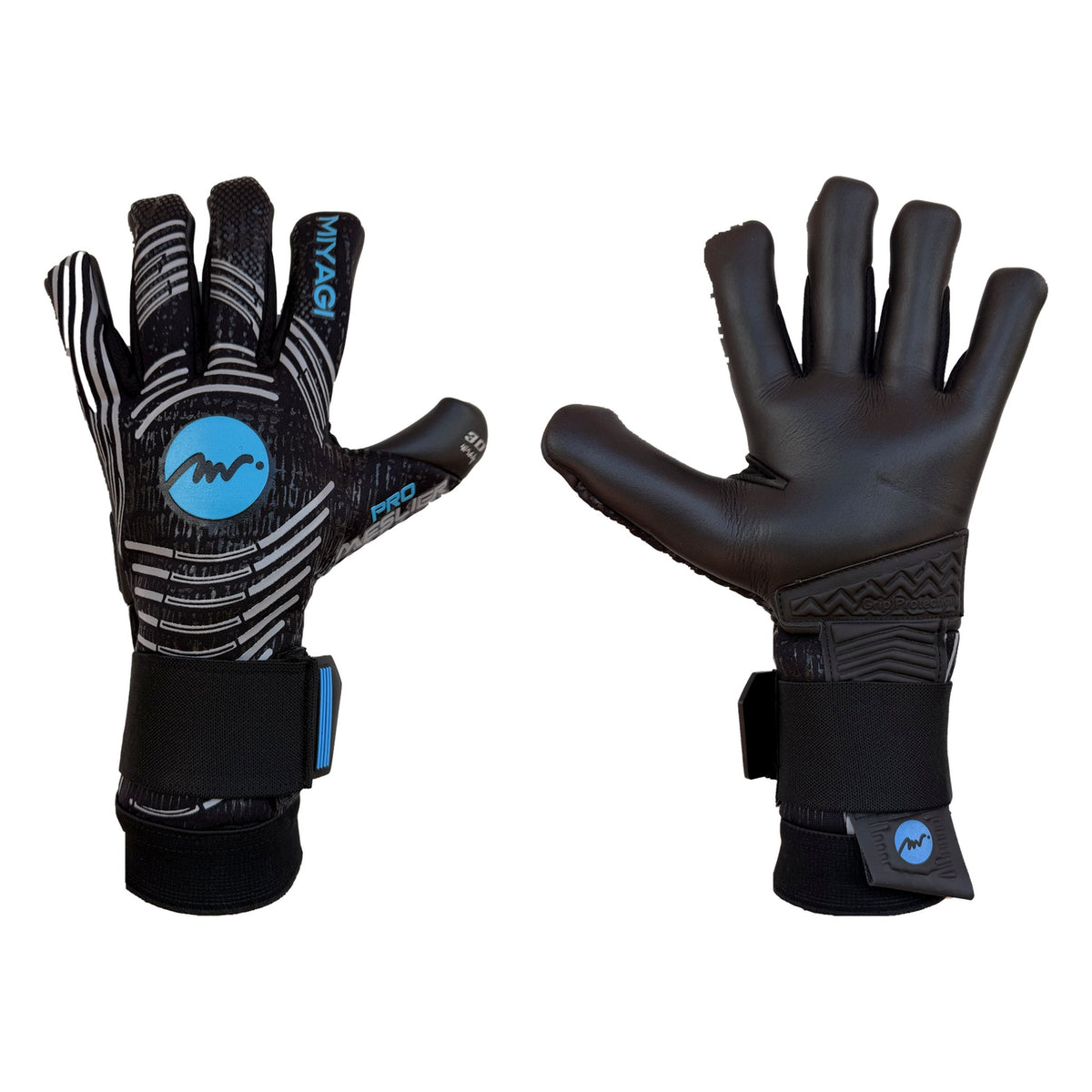 Guantes de arquero Miyagi Pro Meslier Negro Azul – par: dorso y palma