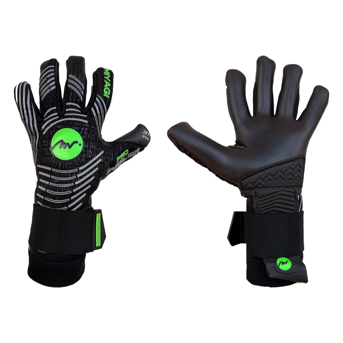 Guantes de arquero Miyagi Pro Meslier Negro Verde – par: dorso y palma