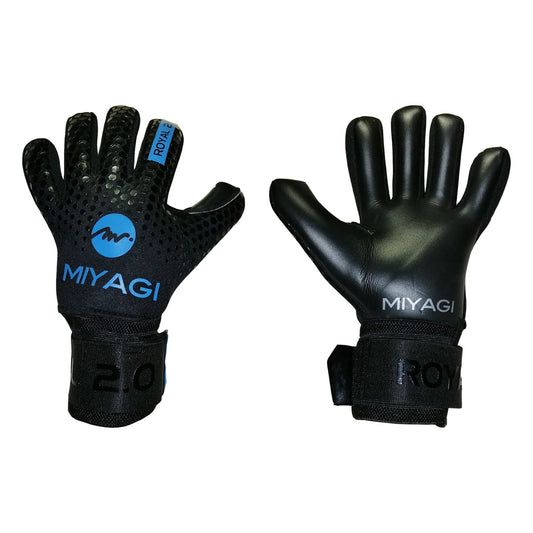 Guantes de arquero Miyagi Royal 2.0 Negro Azul – par: dorso y palma