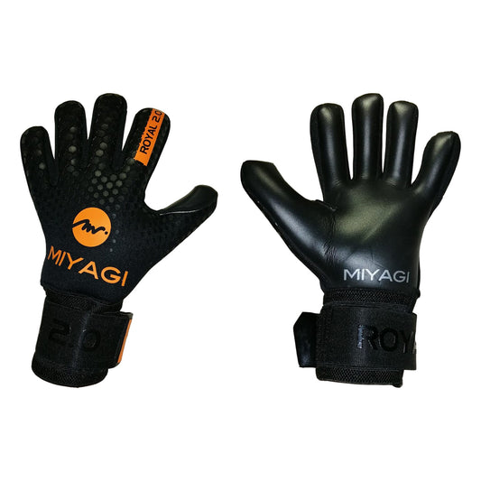 Guantes de arquero Miyagi Royal 2.0 Negro Naranja – par: dorso y palma