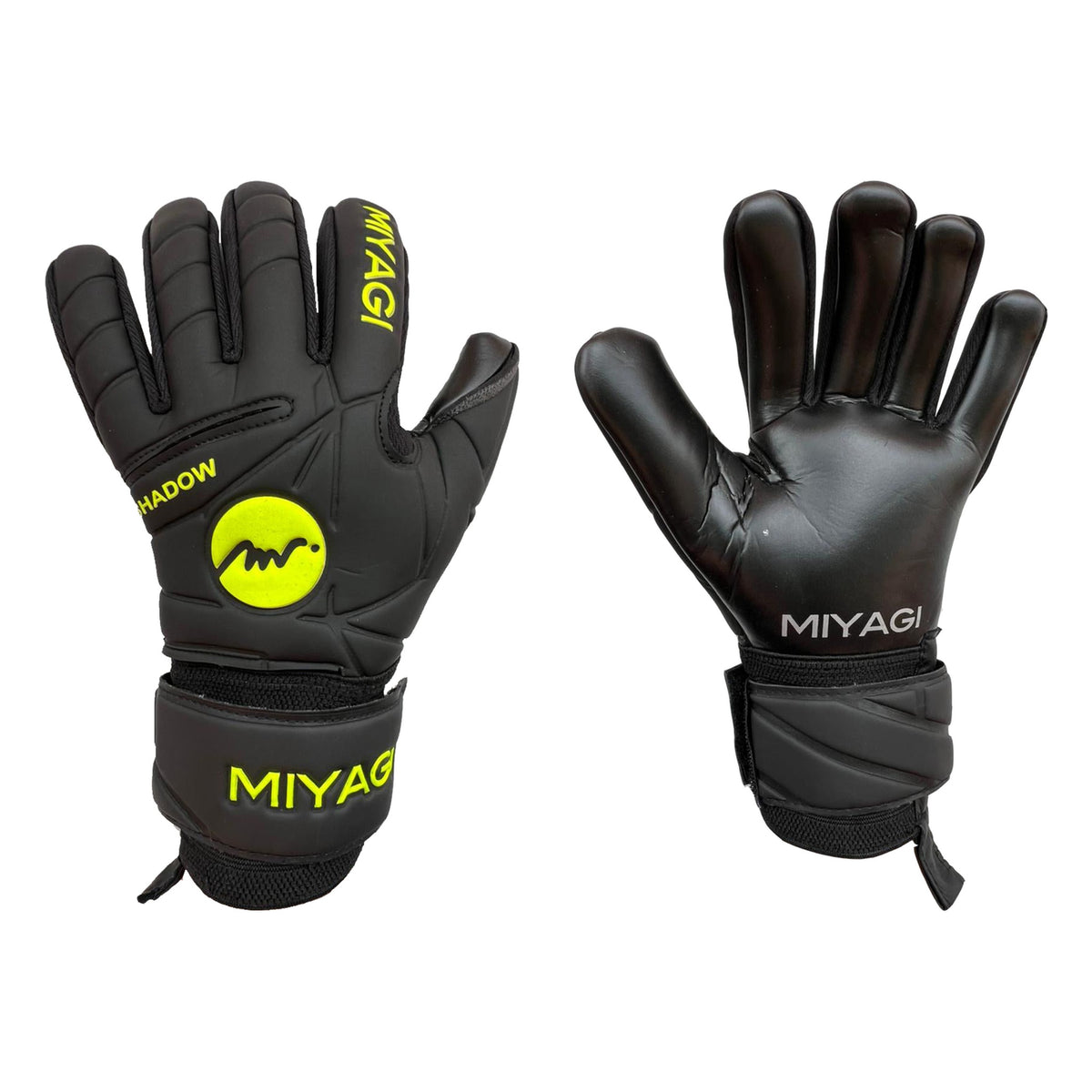 Guantes de arquero Miyagi Shadow Negro Amarillo – par: dorso y palma