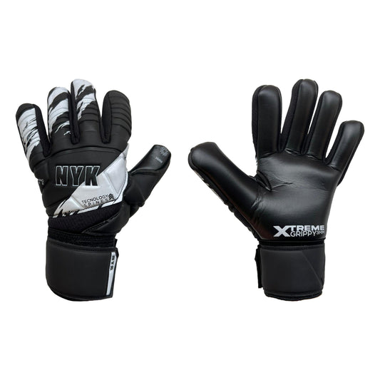 Guantes de arquero NYK Warrior Grippy Semi Negro Blanco – par: dorso y palma
