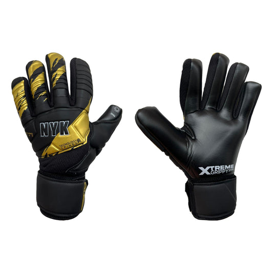 Guantes de arquero NYK Warrior Grippy Semi Negro Dorado – par: dorso y palma