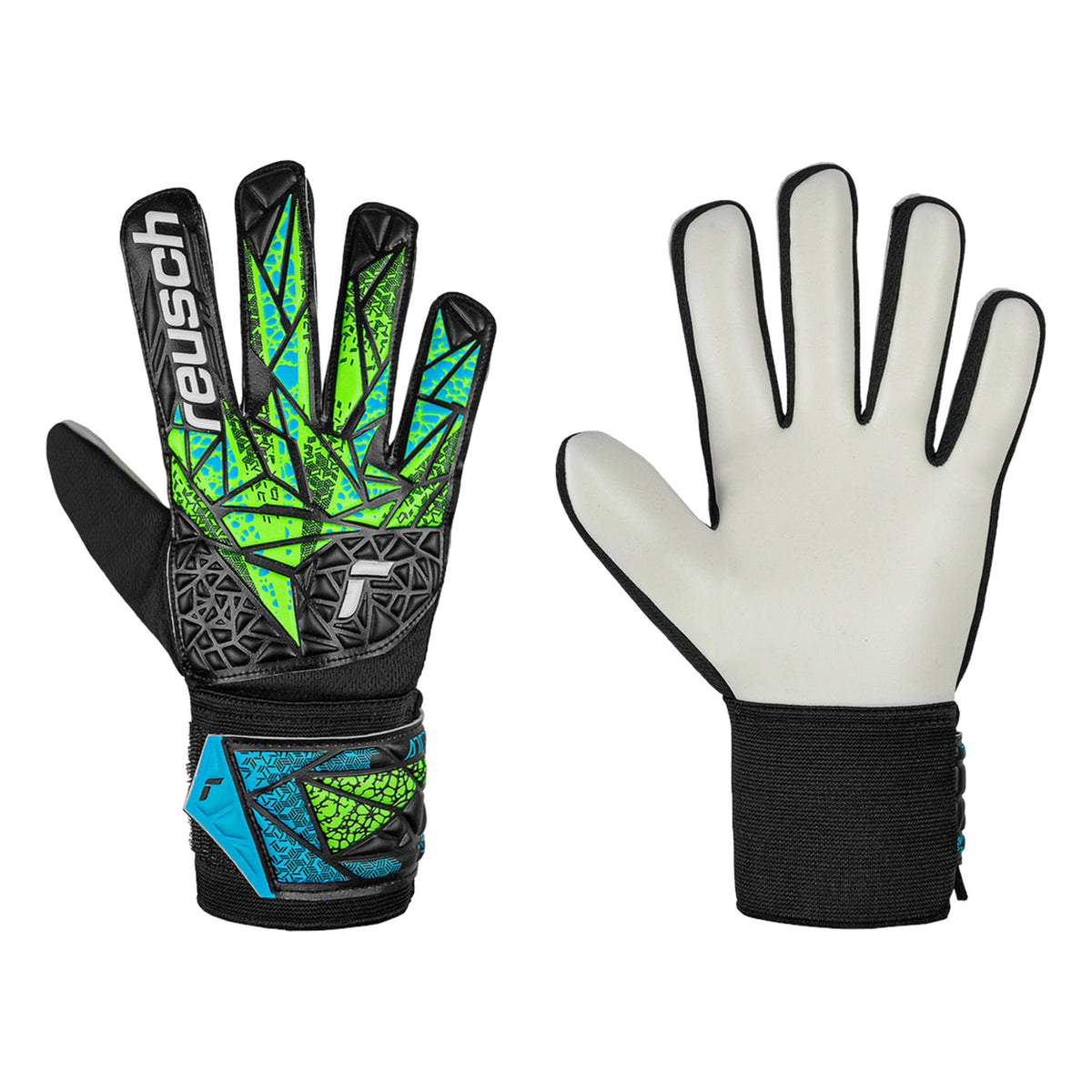 Guantes de arquero Reusch Attrakt Solid Niños Negro Verde Azul – par: dorso y palma
